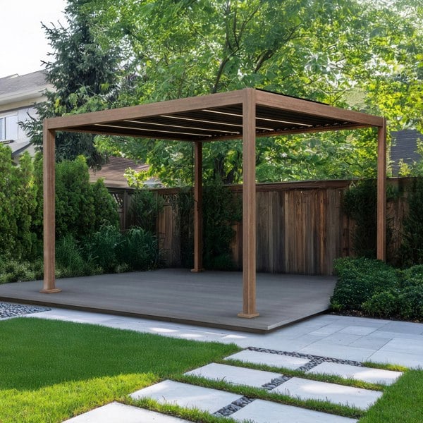 Wood effect aluminium pergola with LED lights, 3m x 3m, featuring a sturdy frame and slatted roof, set in a landscaped garden