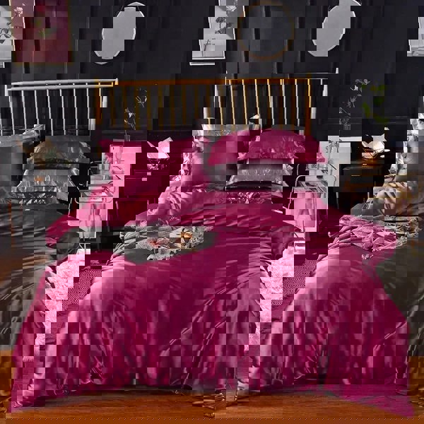 Anyhouz Anycozy Beddings Magenta AU Queen Size 3 Pcs High End Satin Smooth Duvet Cover Set Luxury Polyester Silky Soft Cozy Bedding Set