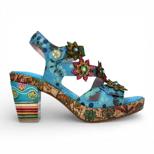 Laura Vita Nellao 33 - Women's Blue Floral Leather Wedge Sandals