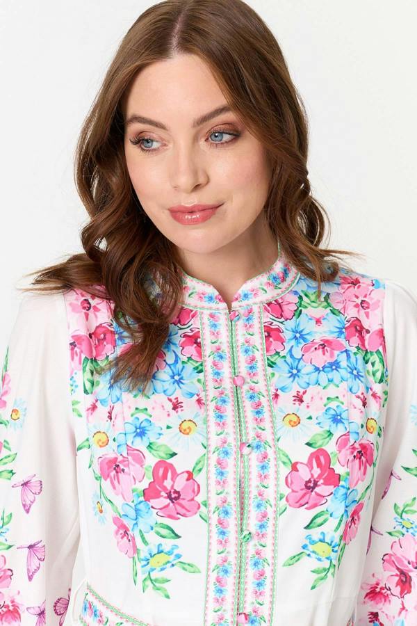 White | Floral Long Sleeve Tie Waist Short Dress