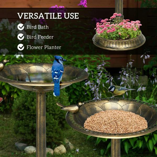 Bronze-tone bird bath with wide bowl holding birdseed and decorative bird ornaments