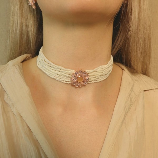 The Colourful Aura Multi Strand White Pearl Rose Gold Zircon Stone Victorian Choker set