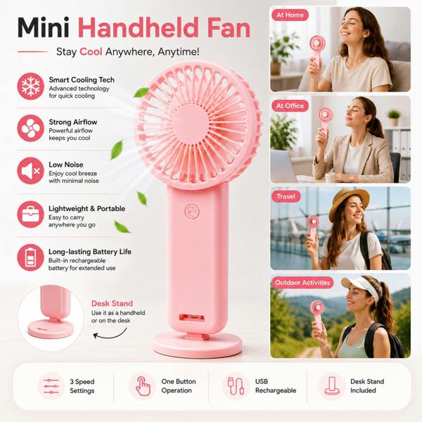 Dyzi Mini Rechargeable Handheld Fan 3 Speed USB Pink