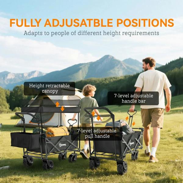 Black folding wagon cart with adjustable handle bar and overhead canopy