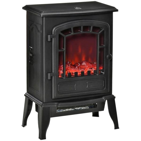 Black electric fireplace stove with glass front and glowing red flame effect