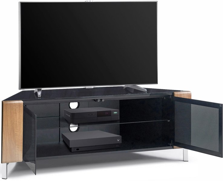 MDA Designs CORVUS Corner-Friendly Gloss Black Contemporary Cabinet with Oak Profiles Black BeamThru Glass Doors for Flat Screen TVs up to 50"