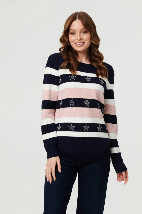 Navy | Sparkly Star Embellished Stripe Jumper
