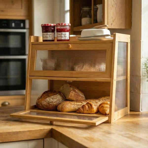 Maison des Cadeaux Large 2-Tier Bamboo Bread Bin with Fluted Windows