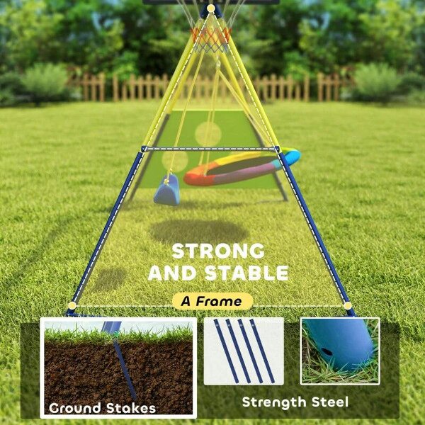 4-in-1 Kids Swing Set with Saucer Swing, Basketball Hoop and Football Goal, Outdoor Playground Playset for Garden