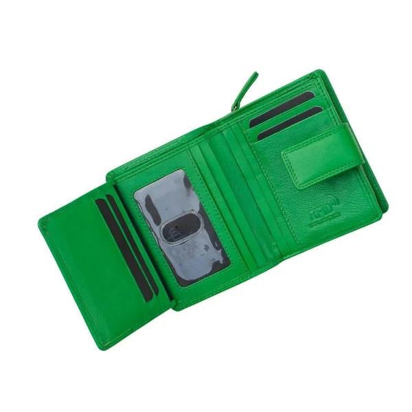 Green wallet with card slots on a white background