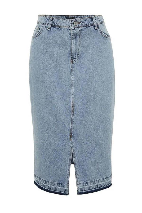 WOVCOR Front Slit Midi Length 100% Cotton Non-Stretch Plus Size Denim Skirt