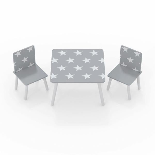 A grey toddler table and 2 chair furniture set featuring white star graphics.