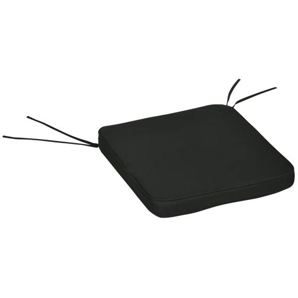 Black dining chair seat cushion pad with corner tie straps and smooth top surface.