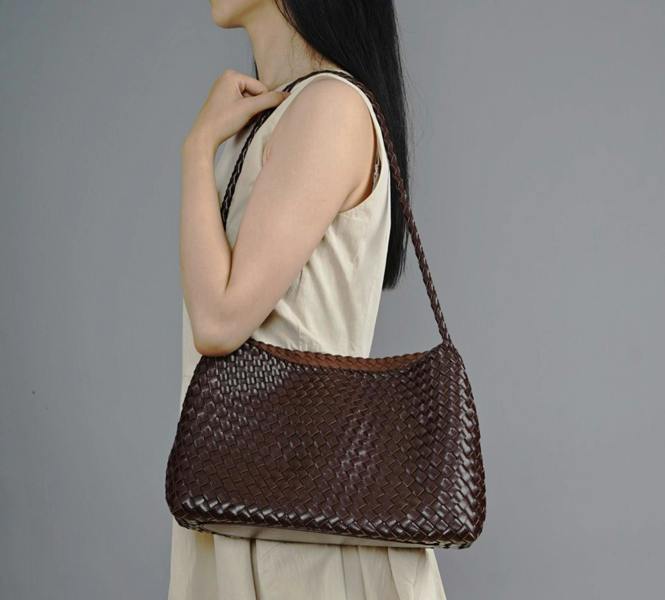 RIMINI Hand Weaving Vegan Leather Shoulder Bag 'Suzy' - Dark Brown