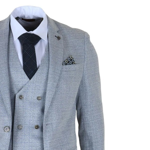 Robert Simon Luis - Men's Light Blue Plaid Check Slim Fit 3 Piece Suit