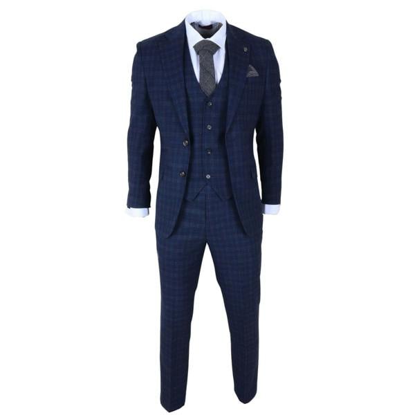 Infinity Leather Men's Navy Blue Plaid Check 3 Piece Suit Slim Fit Formal Suit