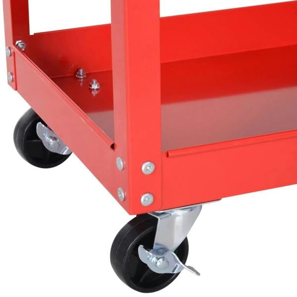Red tool trolley cart corner with locked caster wheel and shelf frame connection