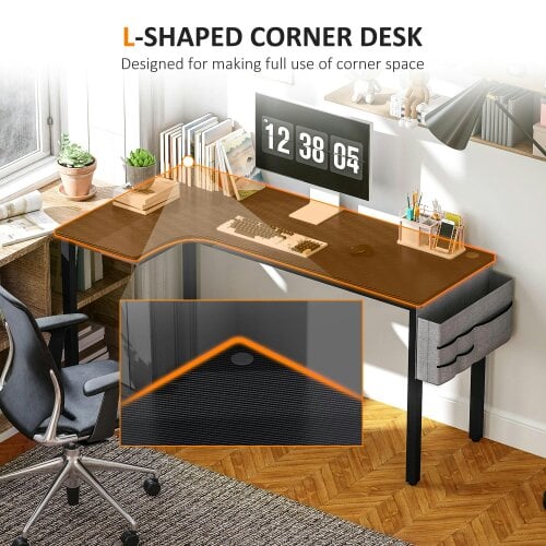 Wyld Haus Monotta 145cm Metal Black L Shaped Gaming Desk With Cable Management Fabric Storage and Hooks