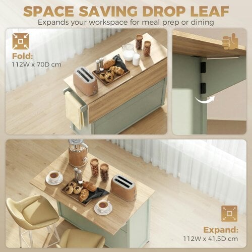HOMCOM Rolling Kitchen Island on Wheels with Drop Leaf, Light Green