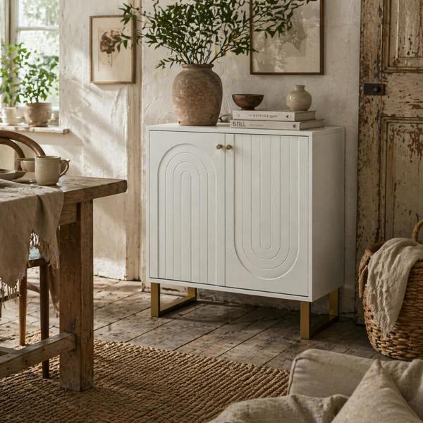Wyld Haus Tarezi Nedi White 2 Door Sideboard Storage Cabinet With Golden Accents