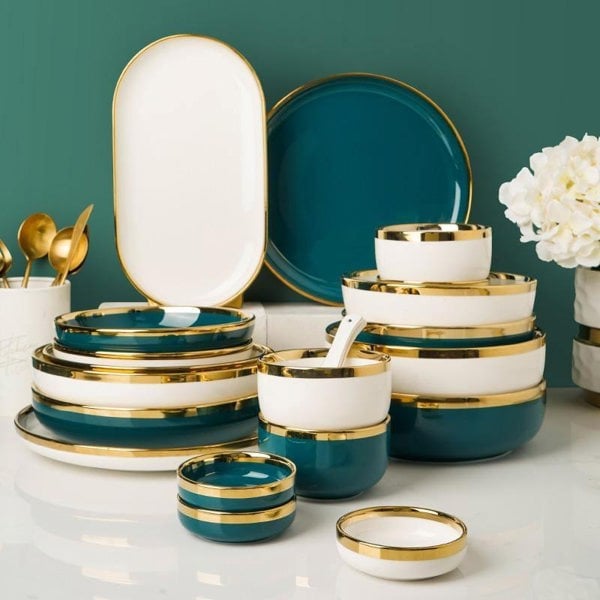 9 Piece Dinner Set, Green And Gold-Weilai Concept-Weilai Concept
