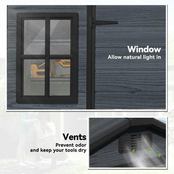 8 x 4 ft Resin Garden Shed, Wood-Effect Outdoor Storage Shed with Floor, Windows, Lockable Doors and Vents, Dark Grey