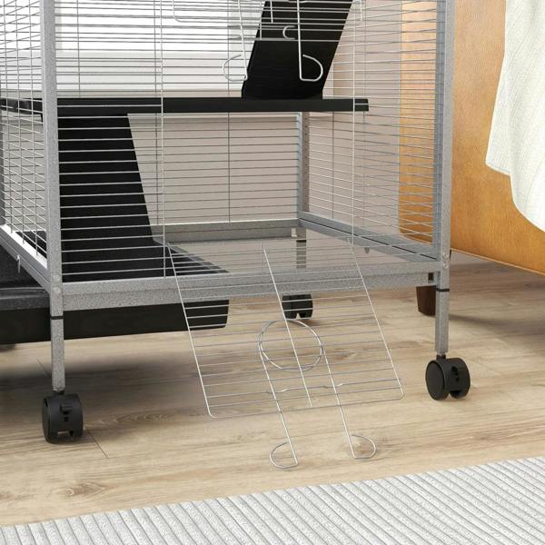 Light grey small animal cage on caster wheels with sliding bottom tray, front close-up