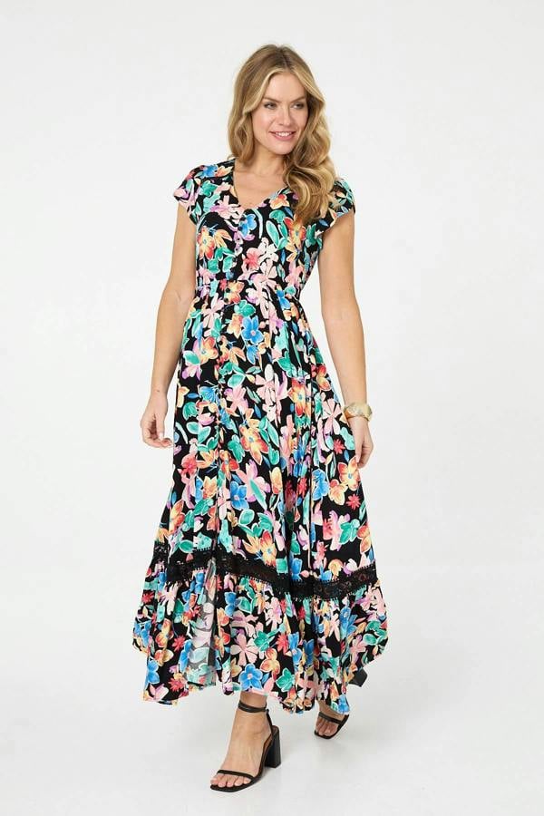 Black | Floral Lace Trim Cap Sleeve Maxi Dress
