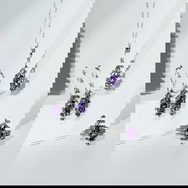 Gemondo Art Deco Style Pear Amethyst & Marcasite Drop Earrings in Sterling Silver