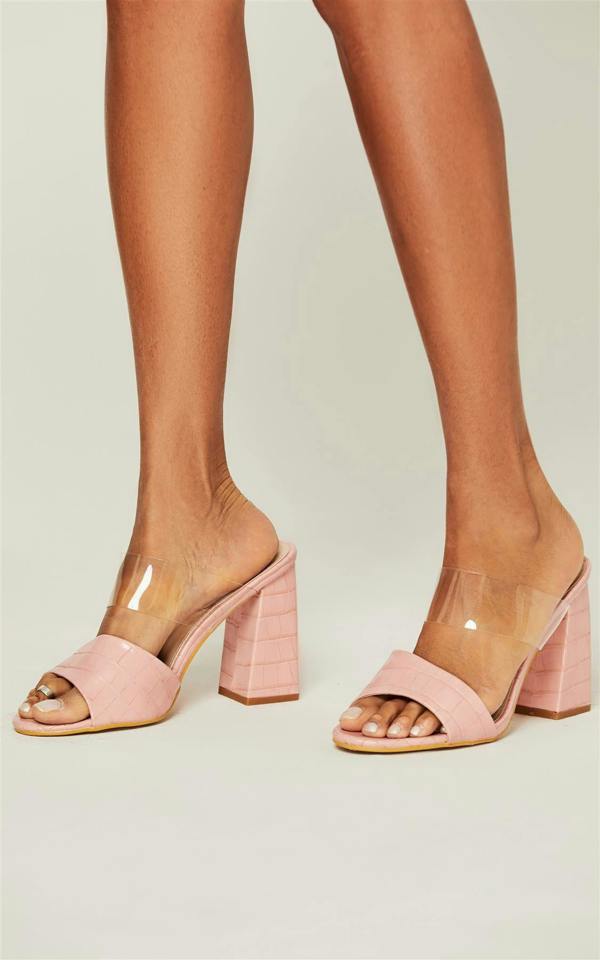 FS Collection Pink Croc-embossed upper block heel mule sandals
