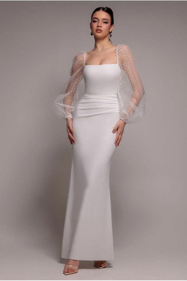 Dobby Organza Bishop Sleeve Multiway Maxi Dress - White DR5011