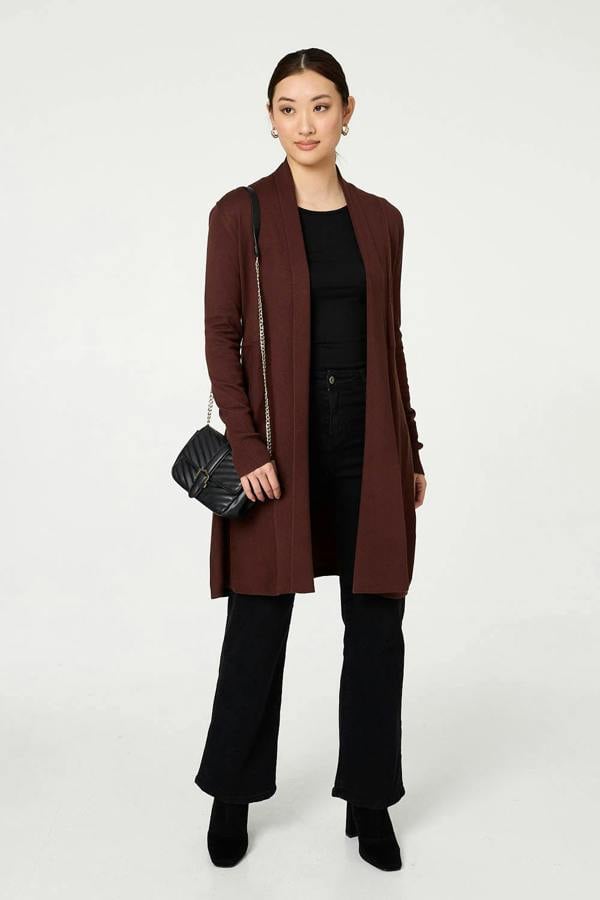 Brown | Open Front Longline Relaxed Cardigan