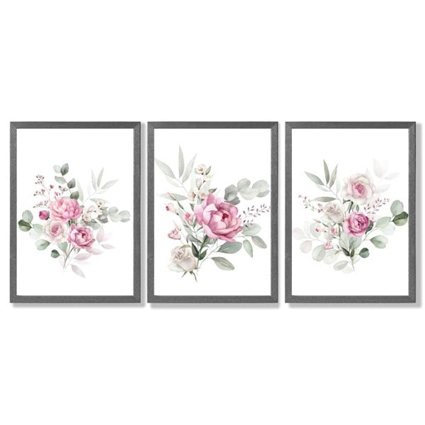 Set of 3 Pink Roses with Eucalyptus Bouquets Framed Art Prints with Dark Grey Wooden Frames