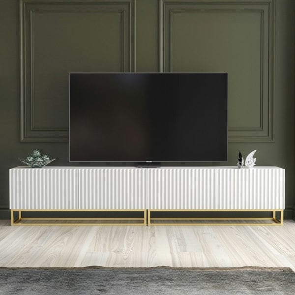 Mex Furniture Modular White TV Unit with Gold Base 200cm – Fluted Fronts & Push-Down Doors