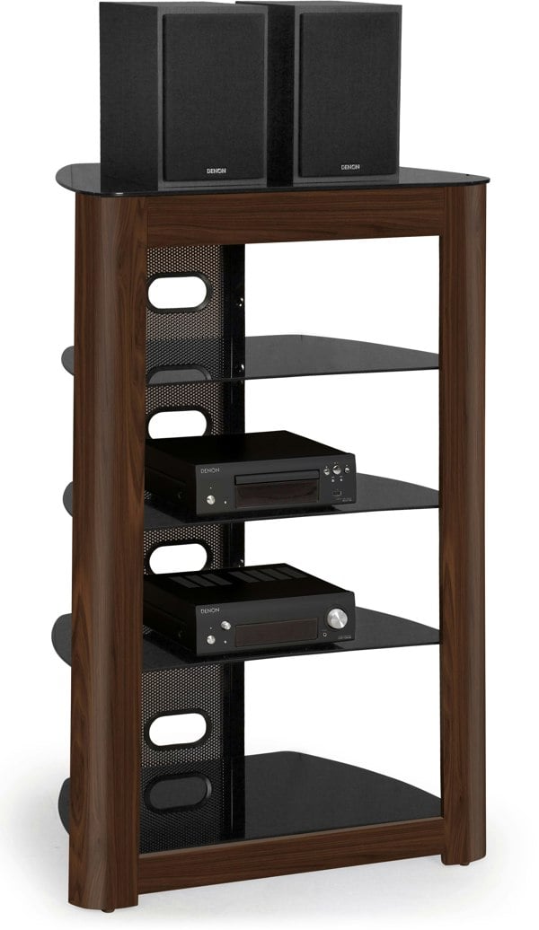 Centurion Supports Zinnia 5-Shelf Black Glass with Walnut Fascia Flat Screen TV/Hi-Fi/AV Rack Glass Stand