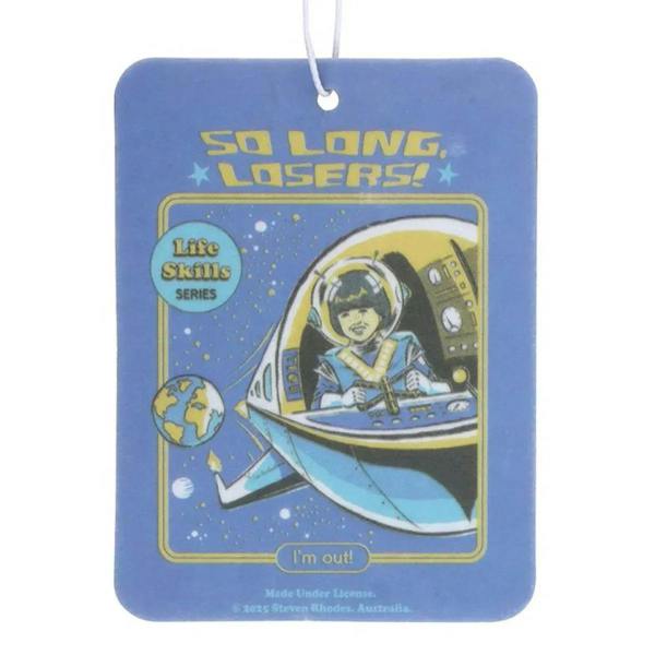 So Long Losers air freshener tag with astronaut illustration and 'I'm out!' text