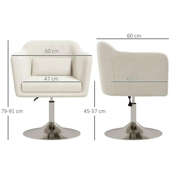 Cream white adjustable swivel armchair shown with front and side size measurements