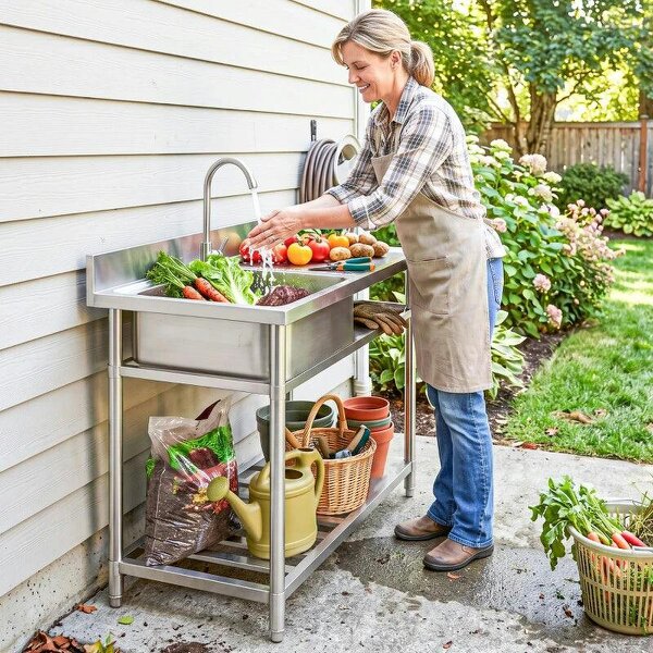 Outdoor Stainless Steel Kitchen Sink, Freestanding Sink Single Bowl with Cold and Hot Water Pipe and Storage Shelves
