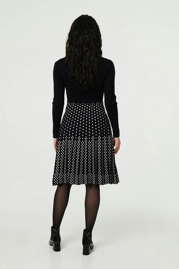 Black | Polka Dot Pleated Knit Skater Midi Dress
