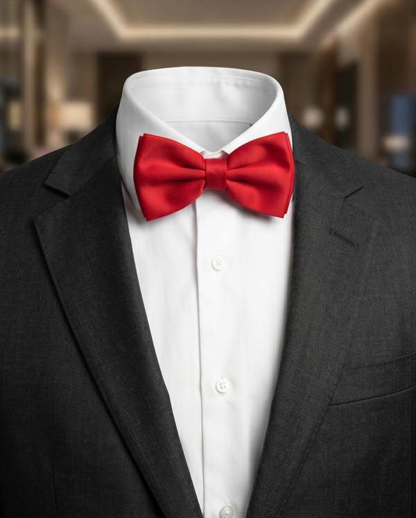 Black suit jacket with a white shirt and red bow tie against a blurred indoor background
