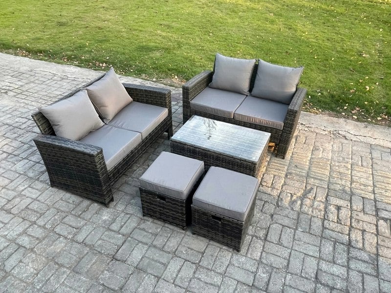Fimous 6-Seater Dark Grey Wicker Rattan Outdoor Sofa Set | Rectangular Coffee Table, Double Sofa, 2 Footstools