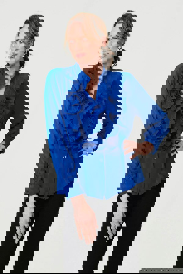 Blue | Sheer Ruffled V-Neck Long Sleeve Blouse
