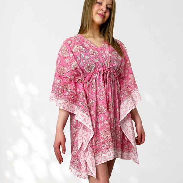 Hayley & Co Pink Floral Print 100% Cotton Beach Kaftan