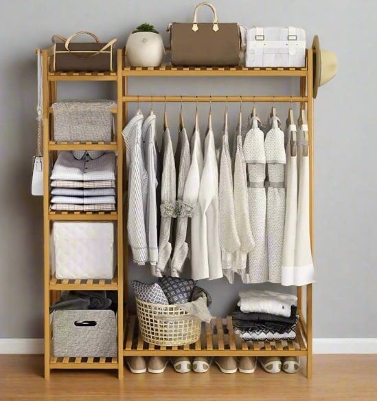 Modcraft Bamboo Clothes Storage Rack with Shelves and Hanging Rail, Freestanding Garment Organizer