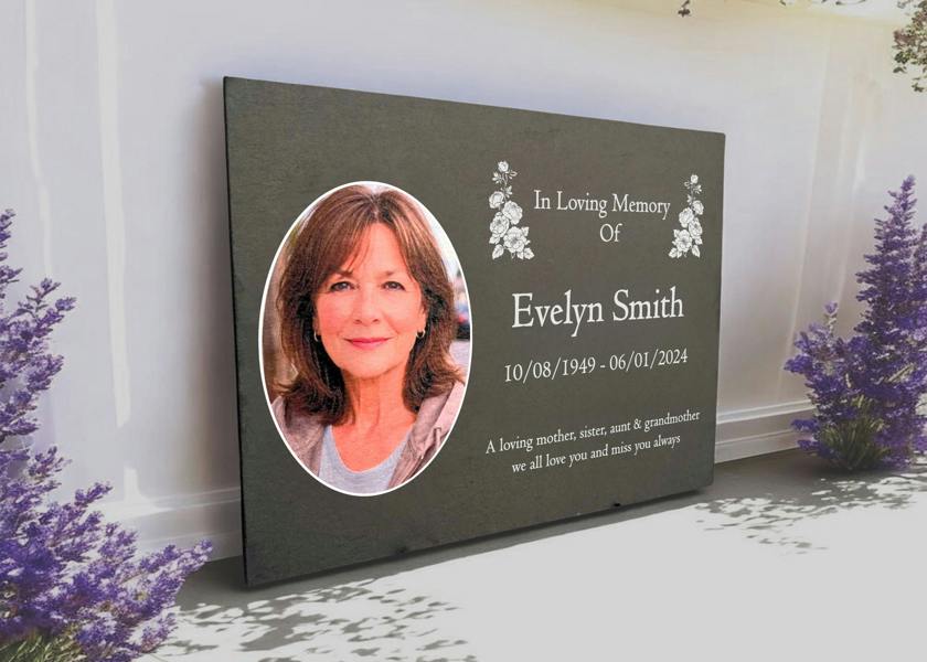 Memorials Direct Photo Slate Memorial Plaque, Peony,  Add a Portrait & Personalised Text | 35×25cm (14×10”)
