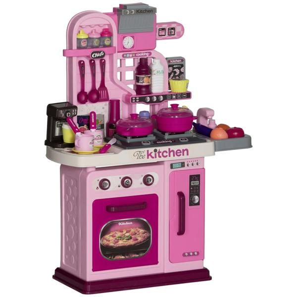 Kids pink play kitchen set with oven, stovetop burners, cookware, and utensil accessories