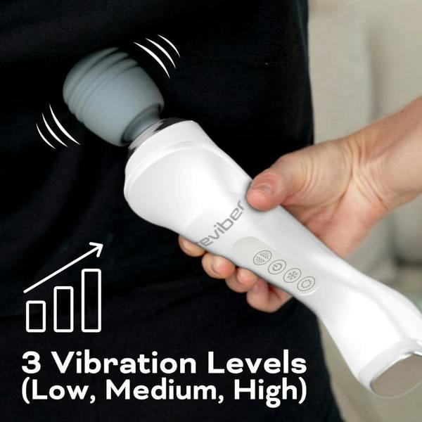A hand uses the Reviber Hot & Cold Deep Tissue Massager on a back, with illustrated vibration lines and a bar graph, for a spa-inspired massage. Text reads: 3 Vibration Levels (Low, Medium, High). Brand: Reviber.