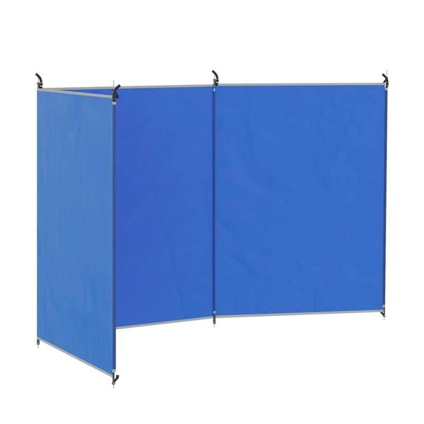 Foldable blue windbreak panel with steel poles and hanging loops