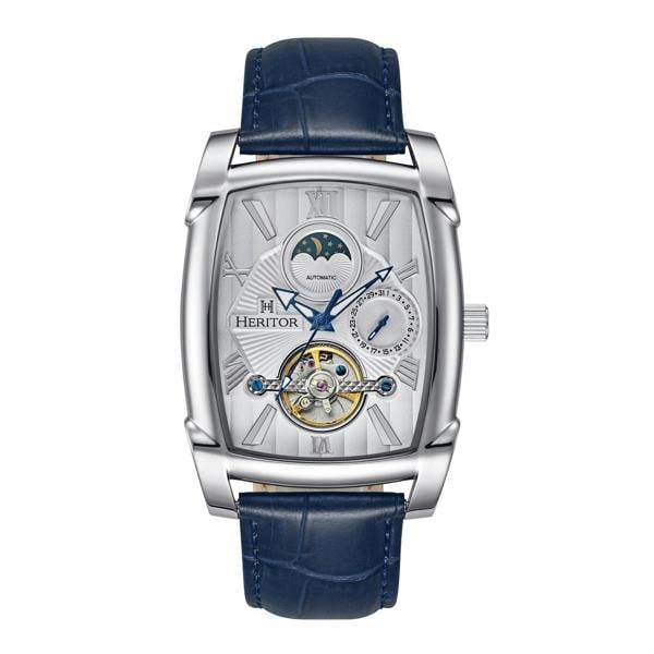 Heritor Automatic Valentin Leather-Band Watch w/Date - Silver/Blue - HERHS4403