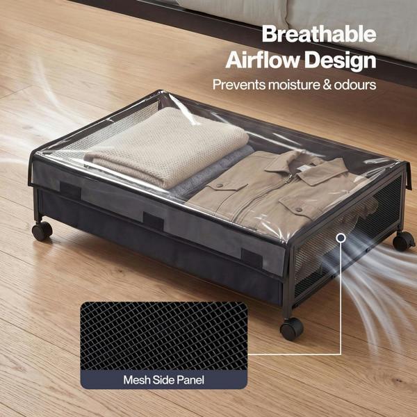 Levede Under Bed Storage Box with Lid Wheels 48L  Metal Frame Black